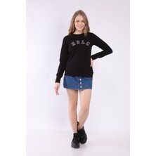 Neslice Kadın Siyah Reglan Kol Basic Yaka Sweatshirt