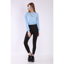 Neslice Kadın Mavi Crop Basic Sweatshirt