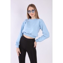 Neslice Kadın Mavi Crop Basic Sweatshirt