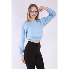 Neslice Kadın Mavi Crop Basic Sweatshirt