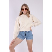 Neslice Kadın Ecru Kapüşonlu Crop Spor Sweatshirt