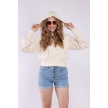 Neslice Kadın Ecru Kapüşonlu Crop Spor Sweatshirt