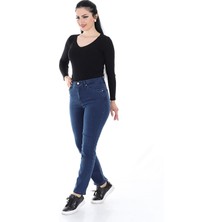 Aydınca Kadın Boru Paça Likralı Yumuşak Kumaş Yüksek Bel Kot Pantolon (Koyu Mavi)