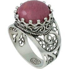 Filigran Silver 925 Ayar Gümüş El Tasarımı Telkari Sanatı Doğal Pembe Rodonit Taşlı Kadın Yüzük