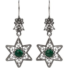 Filigran Silver 925 Ayar Gümüş Otantik El Işçiliği Telkari Doğal Malakit Taşlı Kadın Sarkaç Küpe