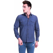 Exve Exclusive Lacivert Kot Dikişli Western Still Pamuk Slim Fit Cepli Erkek Gömlek