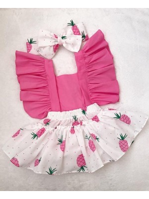 Miray Bebe Bandanalı Ananas Baskılı Salopet Takım