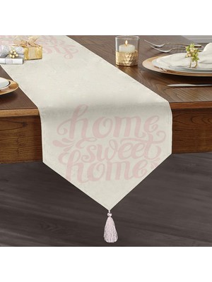 RealHomes Pudra Home Sweet Home Dijital Baskılı Püsküllü Şönil Üçgen Runner