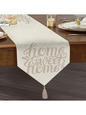 RealHomes Açık Gri Home Sweet Home Dekoratif Püsküllü Şönil Üçgen Runner