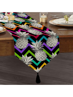 Realhomes Siyah Zigzag Temalı Ananas Desenli Modern Özel Tasarım Püsküllü Şönil Üçgen Runner