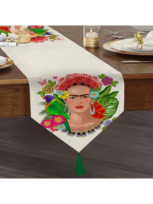 RealHomes Özel Tasarım Frida Kahlo Tasarımlı Dekoratif Püsküllü Şönil Üçgen Runner