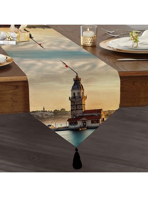 RealHomes Kız Kulesi Dijital Baskılı Dekoratif Püsküllü Şönil Üçgen Runner