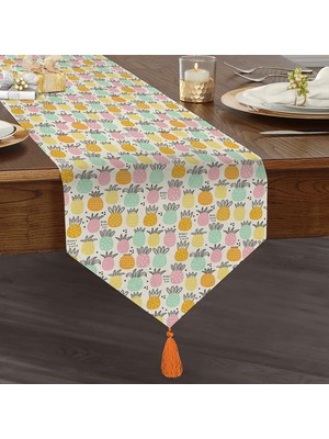 RealHomes Pastel Renkte Ananas Motifli Modern Püsküllü Şönil Üçgen Runner