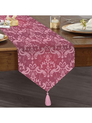 Realhomes Fuşya Zeminli Damask Motifler Modern Püsküllü Şönil Üçgen Runner