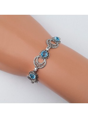 Filigran Silver 925 Ayar Gümüş Otantik El Işçiliği Telkari Doğal Sky Blue Topaz Taşlı Kadın Bileklik