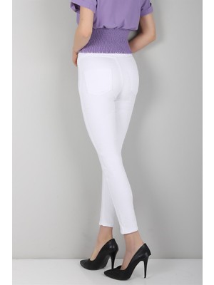 Nacar Çarşı Kadın Dar Paça Likralı Beyaz Keten Pantolon
