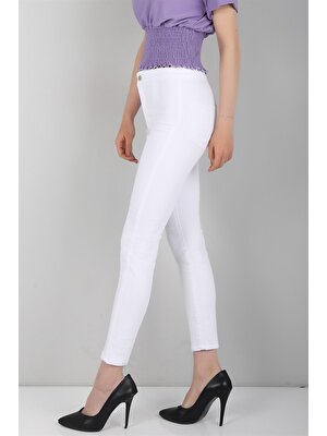 Nacar Çarşı Kadın Dar Paça Likralı Beyaz Keten Pantolon