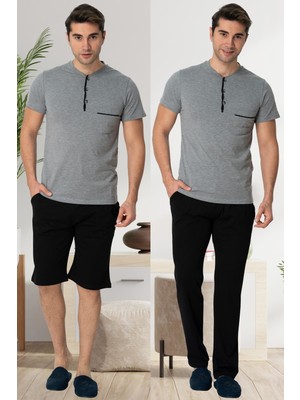 Mecit Pijama Mecit 2769 Gri Büyük Beden Şortlu Erkek Pijama Takımı