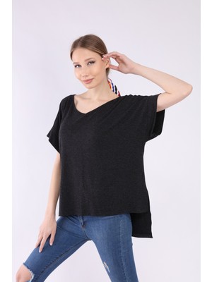 Neslice Kadın ,antra Melanj, Oversize, V Yaka T-Shirt