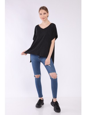 Neslice Kadın ,antra Melanj, Oversize, V Yaka T-Shirt