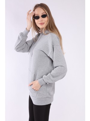 Neslice Kadın Gri Kapüşonlu Sweatshirt