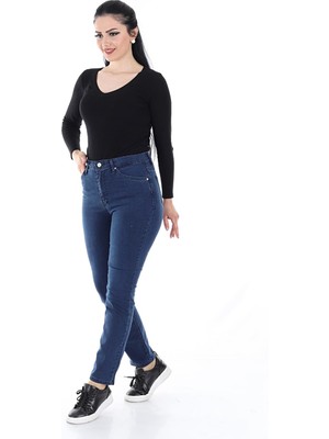 Aydınca Kadın Boru Paça Likralı Yumuşak Kumaş Yüksek Bel Kot Pantolon (Koyu Mavi)