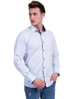Exve Exclusive Mavi Beyaz Çizgili Yaka Detaylı Doğal Keten Slim Fit Erkek Gömlek