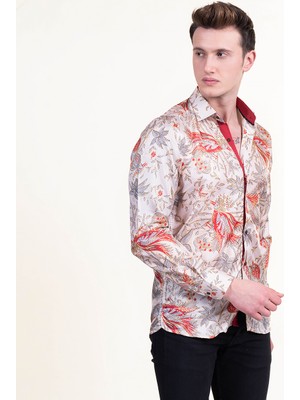 Exve Exclusive Krem Kırmızı Şal Desen Baskılı Tasarım Polyester Slim Fit Erkek Gömlek