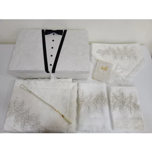 Lamazi Home Lamazihome Kadife 7 Parça Krem Damat Fransız Güpür Sandıklı Seccade Takımı Bohça Seti