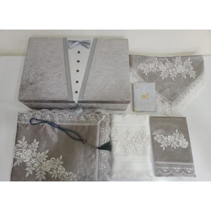 Lamazi Home Lamazihome Kadife 7 Parça Gri Damat Fransız Güpür Sandıklı Seccade Takımı Bohça Seti