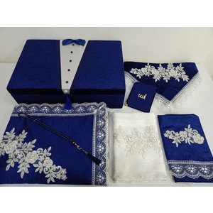 Lamazi Home Lamazihome Kadife 7 Parça Lacivert Damat Fransız Güpür Sandıklı Seccade Takımı Bohça Seti