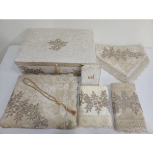 Lamazi Home Lamazihome Kadife 7 Parça Cappucino Damat Fransız Güpür Sandıklı Seccade Takımı Bohça Seti