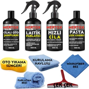 Otomobil Araç Araba Oto Temizlik ve Bakım Seti Oto Şampuanı+Lastik Parlatıcı+Hızlı Cila ve Ince Pasta Çizik Giderici 4X500ML