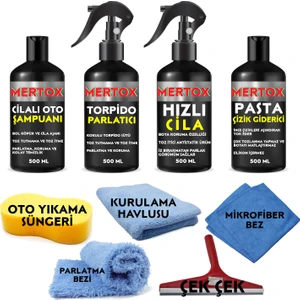 Otomobil Araç Araba Oto Temizlik ve Bakım Seti Oto Şampuanı+Torpido Parlatıcı+Hızlı Cila ve Ince Pasta Çizik Giderici 4X500ML
