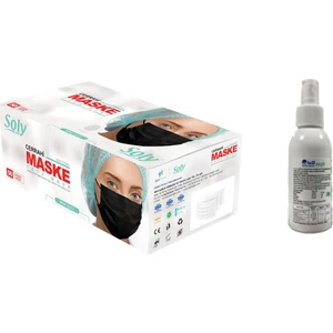 Soly Care 3 Katlı Lastikli Siyah Cerrahi Maske 50 Adet + Idsept Sprey Dezenfektan 100ML