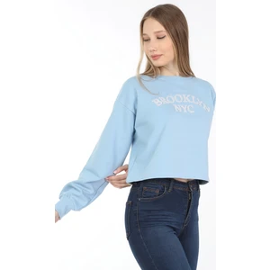 Kadın Mavi Crop Havlu Nakışlı Sweat