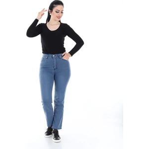 Kadın Boru Paça Likralı Yumuşak Kumaş Yüksek Bel Kot Pantolon (Açık Mavi)