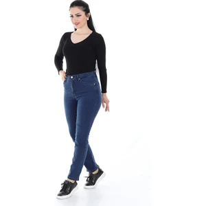 Kadın Boru Paça Likralı Yumuşak Kumaş Yüksek Bel Kot Pantolon (Koyu Mavi)