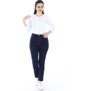 Kadın Boru Paça Likralı Yumuşak Kumaş Yüksek Bel Kot Pantolon (Lacivert)