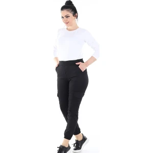 Kadın Beli Lastikli Likralı Keten Kargo Pantolon (Siyah)