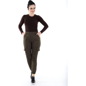 Kadın Beli Lastikli Likralı Keten Kargo Pantolon (Yeşi)