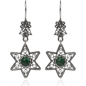 Filigran Silver 925 Ayar Gümüş Otantik El Işçiliği Telkari Doğal Malakit Taşlı Kadın Sarkaç Küpe