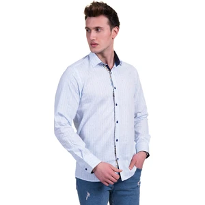 Exve Exclusive Mavi Beyaz Çizgili Yaka Detaylı Doğal Keten Slim Fit Erkek Gömlek