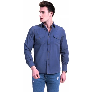 Exve Exclusive Lacivert Kot Dikişli Western Still Pamuk Slim Fit Cepli Erkek Gömlek