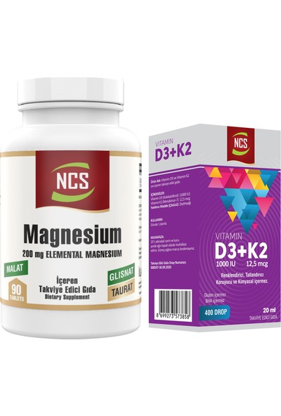 Magnezyum Elementleri Magnesium Malat Glisinat Taurat 90 Tablet+Vitamin D3 K2 20 ml