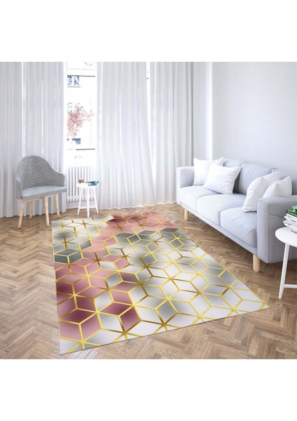 Balpeteği Geometrik Desenli Etnik Dijital Baskı Yıkanabilir Kaymaz Taban Salon Halı ve Yolluk