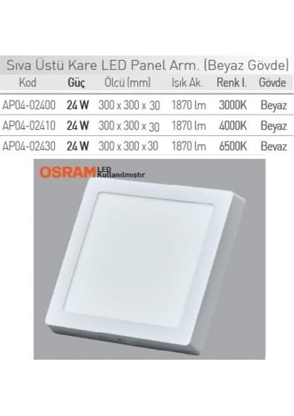 24W Sıva Üstü Kare LED Panel Armatür Ilıkbeyaz Işık AP04-02410