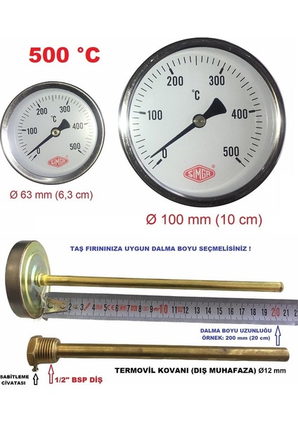 Ø100 50 cm 500 °c Derece Pizza Pide Termometre