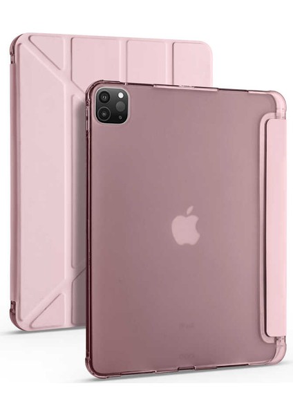 Apple iPad Pro 12.9 2020 Kılıf Tri Folding Smart Kalem Standlı Kılıf Rose Gold