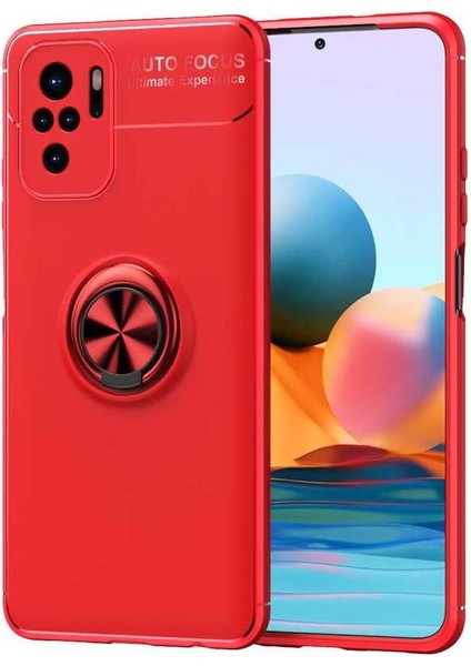 Xiaomi Redmi Note 10S Kılıf Ultra Korumalı Yüzüklü Manyetik Ravel Silikon + Tam Kaplayan 5d Cam Ekran Koruyucu Kırmızı